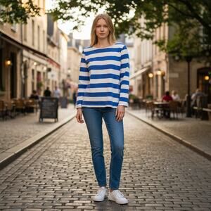 J. Crew Top Womens Medium Blue & White Stripes Classic Boatneck Long Sleeve